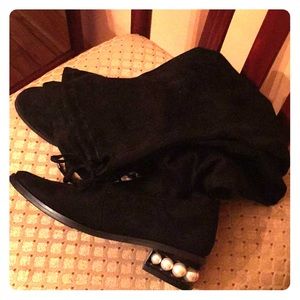 Faux Suede Pearl Heel Thigh High Boots